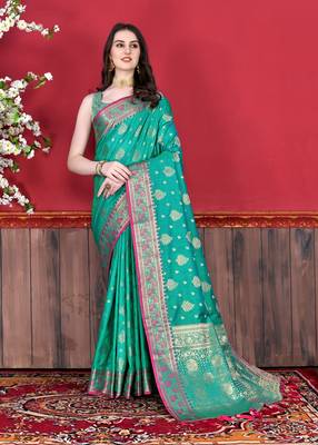 Korams Design Teal Katan Silk Weaving Zari Classic Saree With Blouse for women 2