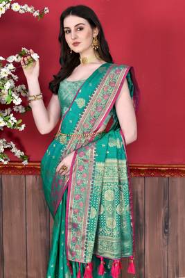 Korams Design Teal Katan Silk Weaving Zari Classic Saree With Blouse for women 4
