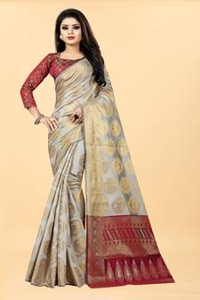 Maroon Woven Banarasi silk blend Saree With Blouse