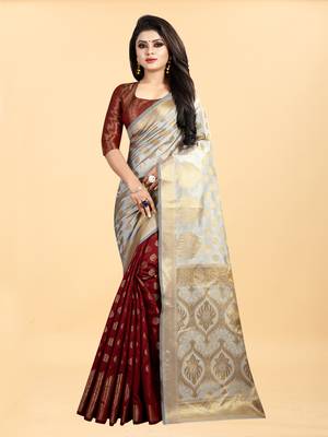 Maroon and Grey Banarasi silk blend Zari Woven Saree with Blouse 1