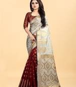Maroon and Grey Banarasi silk blend Zari Woven Saree with Blouse