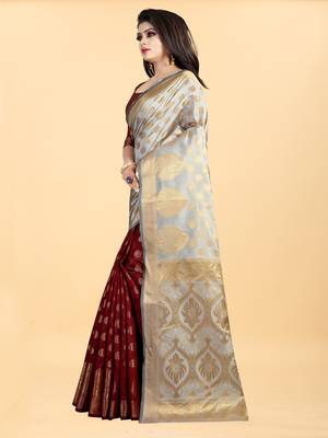 Maroon and Grey Banarasi silk blend Zari Woven Saree with Blouse 2
