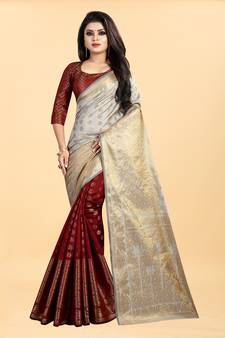 Maroon Woven Banarasi silk blend Saree With Blouse
