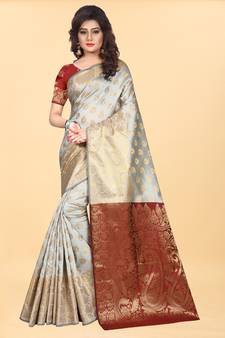 Off-White Woven Banarasi silk blend Saree With Blouse