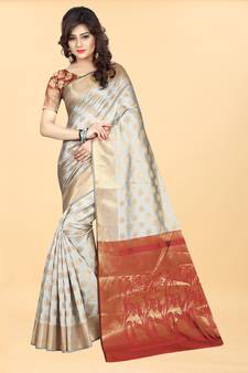 Off White Woven Banarasi silk blend Saree With Blouse