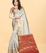 Off White Woven Banarasi silk blend Saree With Blouse