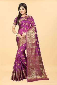 Pink Woven Banarasi silk blend Saree With Blouse