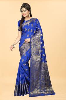 Blue Woven Banarasi silk blend Saree With Blouse