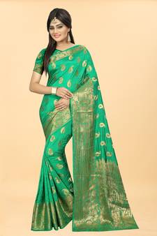 Green Woven Banarasi silk blend Saree With Blouse