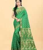 Green Woven Banarasi silk blend Saree With Blouse