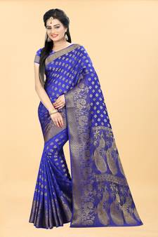 Blue Woven Banarasi silk blend Saree With Blouse