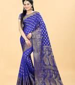 Blue Woven Banarasi silk blend Saree With Blouse