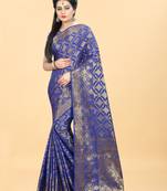 Blue Woven Banarasi silk blend Saree With Blouse