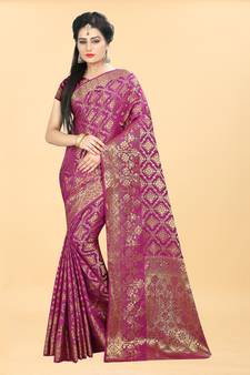 Pink Woven Banarasi silk blend Saree With Blouse