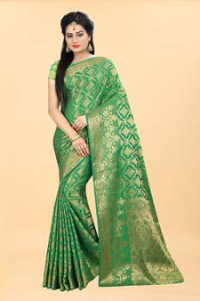 Green Woven Banarasi silk blend Saree With Blouse