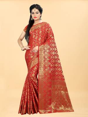 Red Woven Banarasi silk blend Saree With Blouse 1