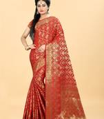 Red Woven Banarasi silk blend Saree With Blouse