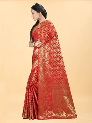 Red Woven Banarasi silk blend Saree With Blouse 2