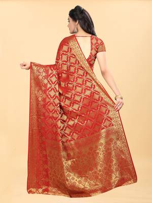 Red Woven Banarasi silk blend Saree With Blouse 3