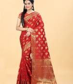 Red Woven Banarasi silk blend Saree With Blouse