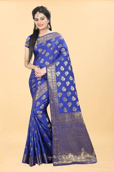 Blue Woven Banarasi silk blend Saree With Blouse