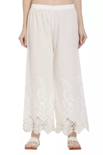 PAVONINE Off-White Color Chikankari Lace Scalloped Hem Cotton Fabric Sharara