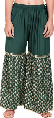 PAVONINE Bottle Green Color 3-Panels Sequence Printed Flared Sharara For Women & Girls 1