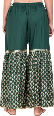 PAVONINE Bottle Green Color 3-Panels Sequence Printed Flared Sharara For Women & Girls 2