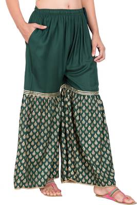 PAVONINE Bottle Green Color 3-Panels Sequence Printed Flared Sharara For Women & Girls 3