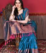 Design Blue Zari Woven Cotton Silk Saree With Blouse For Women