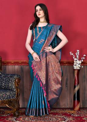 Design Blue Zari Woven Cotton Silk Saree With Blouse For Women 2