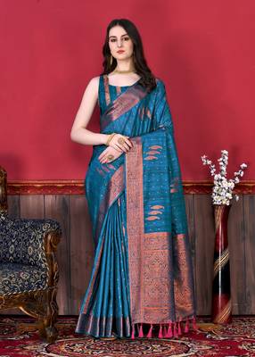Design Blue Zari Woven Cotton Silk Saree With Blouse For Women 3