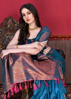 Design Blue Zari Woven Cotton Silk Saree With Blouse For Women 4