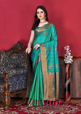 Korams Design Green Zari Woven Cotton Silk Saree with Blouse for Women 1