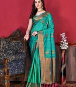 Korams Design Green Zari Woven Cotton Silk Saree with Blouse for Women