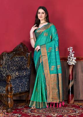 Korams Design Green Zari Woven Cotton Silk Saree with Blouse for Women 3