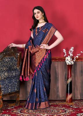 Korams Design Navy Blue Zari Woven Cotton Silk Saree with Blouse for Women 1