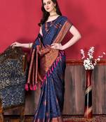 Korams Design Navy Blue Zari Woven Cotton Silk Saree with Blouse for Women