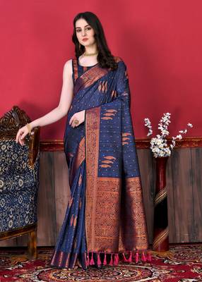 Korams Design Navy Blue Zari Woven Cotton Silk Saree with Blouse for Women 2