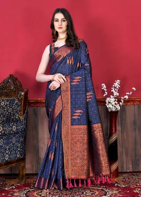 Korams Design Navy Blue Zari Woven Cotton Silk Saree with Blouse for Women 3