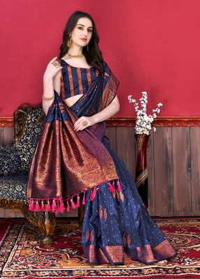Korams Design Navy Blue Zari Woven Cotton Silk Saree with Blouse for Women 4