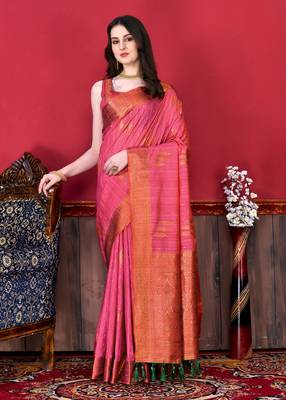 Korams Design Pink Zari Woven Cotton Silk Saree with Blouse for Women 1