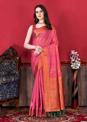 Korams Design Pink Zari Woven Cotton Silk Saree with Blouse for Women 2