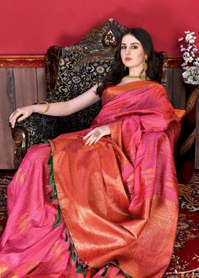 Korams Design Pink Zari Woven Cotton Silk Saree with Blouse for Women 4