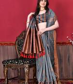 Korams Design Grey Zari Woven Cotton Silk Saree with Blouse for Women