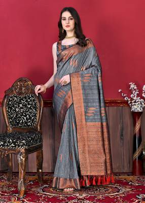 Korams Design Grey Zari Woven Cotton Silk Saree with Blouse for Women 3