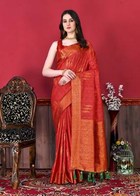 Korams Design Red Zari Woven Cotton Silk Saree with Blouse for Women 2