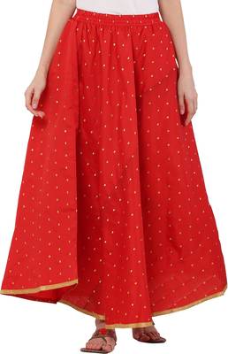 PAVONINE Red Color Golden Zari Work Satan Fabric Maxi Skirt For Women 1