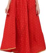 PAVONINE Red Color Golden Zari Work Satan Fabric Maxi Skirt For Women