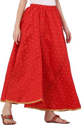 PAVONINE Red Color Golden Zari Work Satan Fabric Maxi Skirt For Women 3